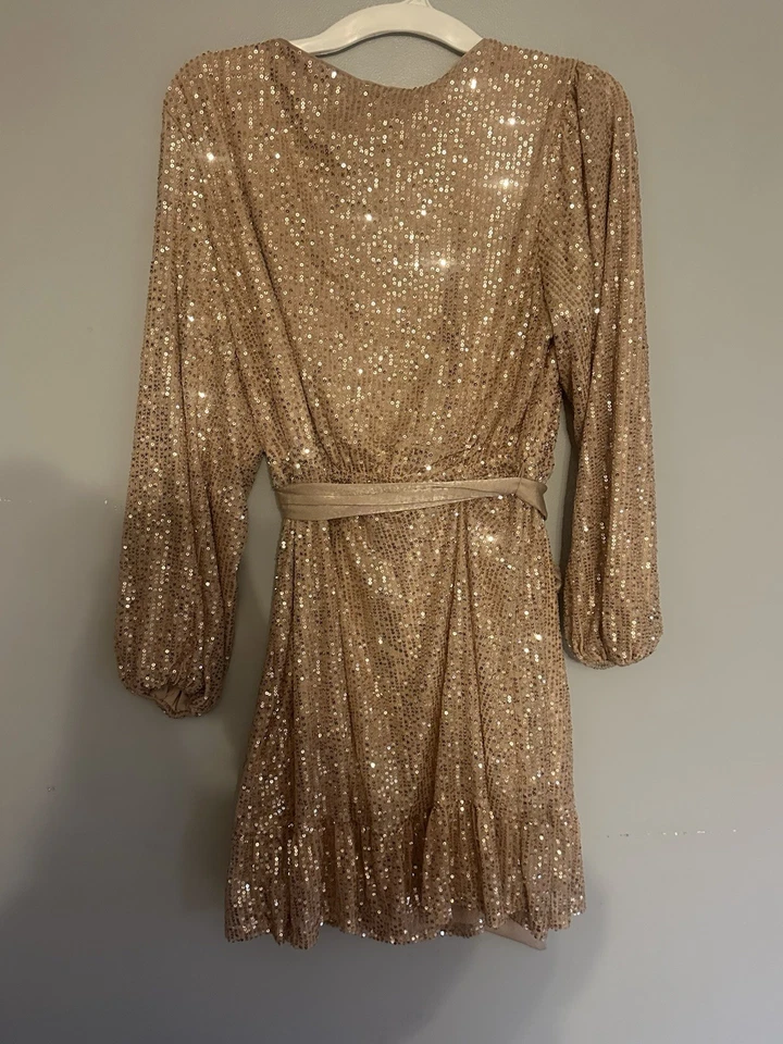 Mini vestido de festa feminino champanhe lantejoulas manga longa decote em V com cinto - Imagem 2 de 4