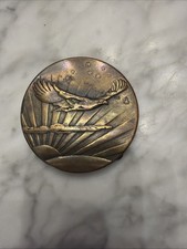 '70s Round Brass Belt Buckle Flying Bald Eagle Stars Sunset Western Boho Vintage