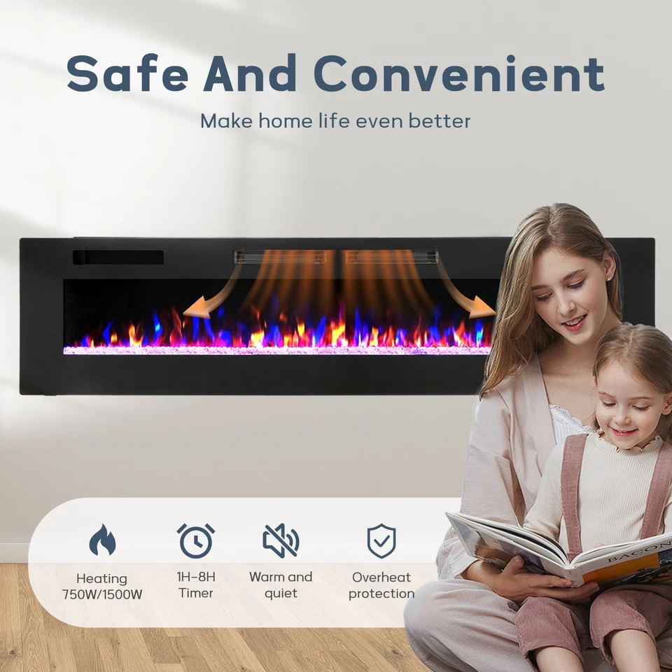 72” Electric Fireplace Recessed Wall Mounted Fireplace Heater w/ Remote Control - Image 4 of 4