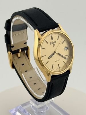 #ad #ad Vintage Pulsar Quartz Gold Tone Men’s Watch Champagne Dial Date Leather Strap $69.99