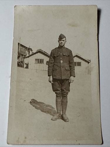 c. 1914 WWI Soldier Military Uniform Camp Hat Boots Barracks Vtg Photo