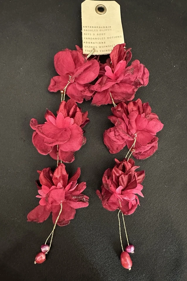 Anthropologie Triple Flower Earrings Burgundy/Lightweight/ 8” In - Image 4 of 4