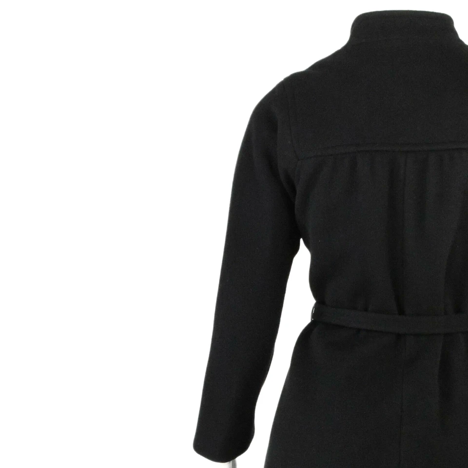 70s Vintage Melton Wool Wrap Coat Womens M Long Black Belted Overcoat Silk Lined - Image 4 of 4