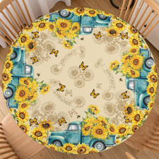 Summer Sunflower round Fitted Tablecloth with Elastic Edge Rustic Yellow Floral