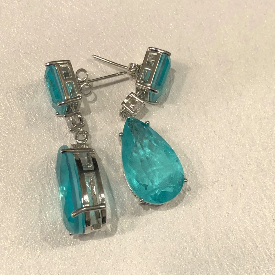 8 CTW Paraiba Tourmaline Drop Earrings Wedding Jewelry Gift 18K Platinum Plated - Image 4 of 4