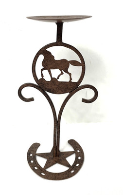 Equestrian Horse Candle Holder 9  H Bronze Toned Metal Horseshoe Star Farm Ranch