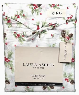 Laura Ashley King Sheet Set Pinecone Toss Cotton Percale White Holiday