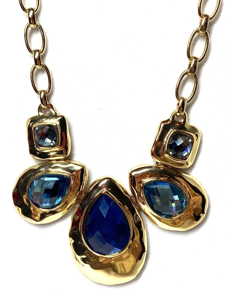 Bella Jack Gold Tone Necklace With Blue Teardrop and Square Gray Stones 21" - Image 3 of 4