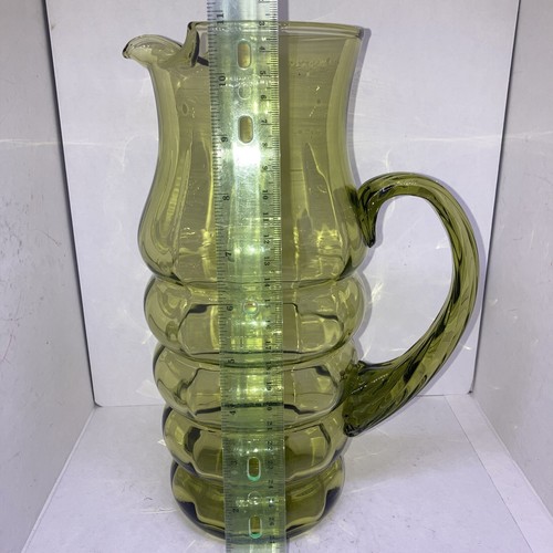 Olive Green Glass Ribbed Tall Pitcher. Hand Blown 11” Vintage Nice - Picture 7 of 7