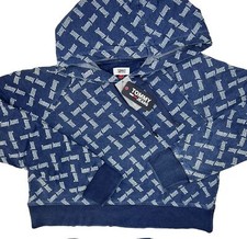 Tommy Hilfiger Jeans Hoodie Denim Crop Sweatshirt Spell Out Retro Women Sz M NWT