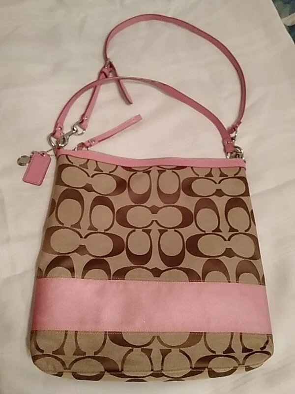 Coach shoulder bag A1376 23770E tan signature canvas w pink leather accent large