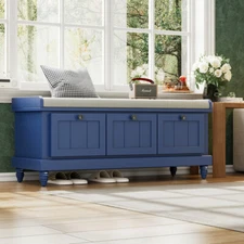 Classic Storage Bench with Cushioned Seat and Three Drawers for Entryway Blue