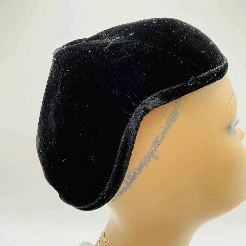 DE COLECCIÓN Negro Terciopelo/Velour Pequeño Top Pastillero Sombrero Gorra Borde con Cable Foto 4 de 4