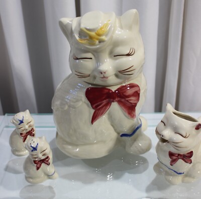 1940s Vintage Shawnee Puss n Boots Cat Cookie Jar, Creamer, Salt
