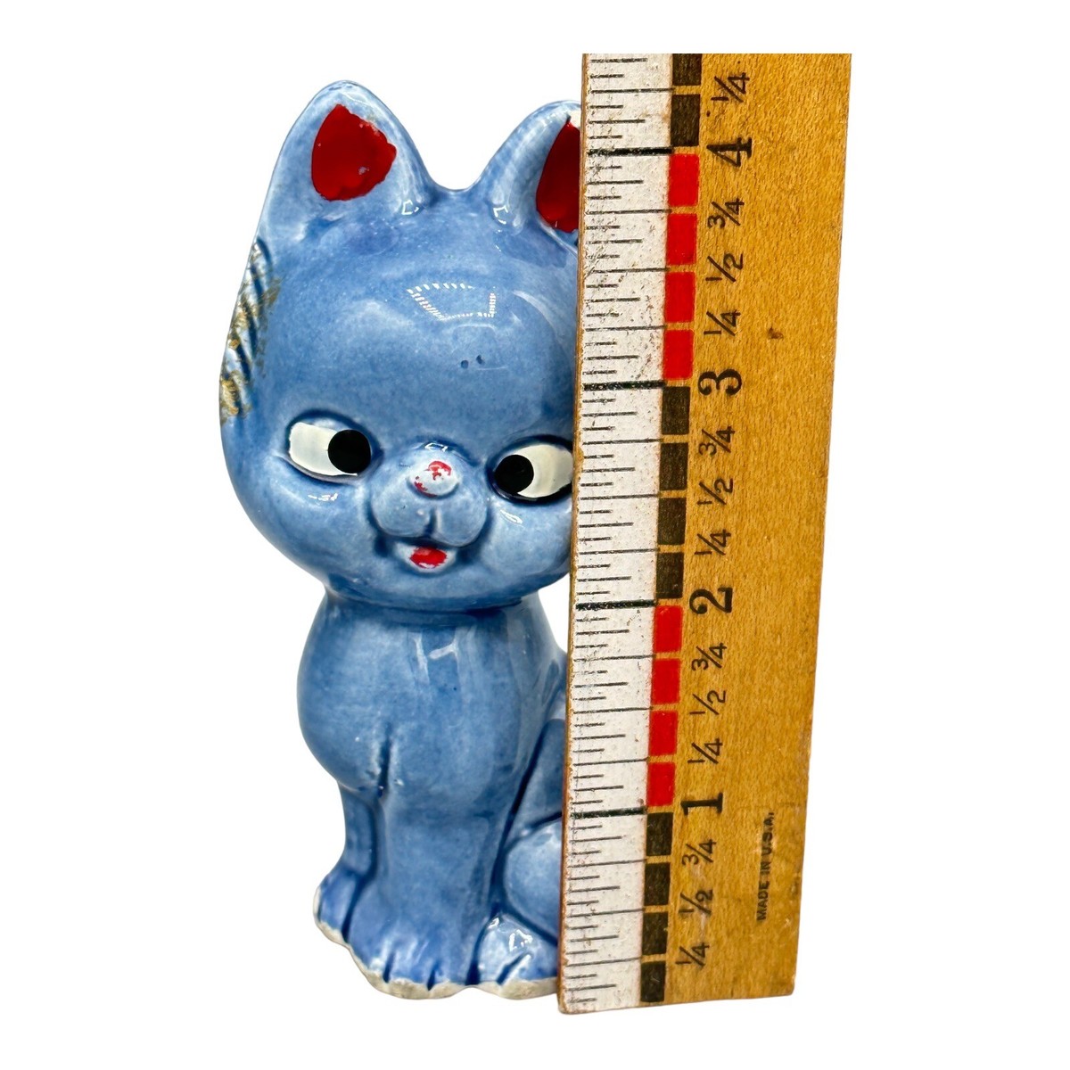 Vtg Small Blue Cat Figurine Japan Red Nose Ears Posing