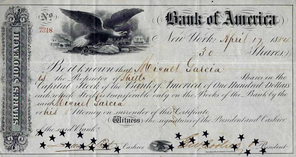 Bank of America, New York, 1884 (30 Shares) Adler-Vignette - Bild 1 von 1
