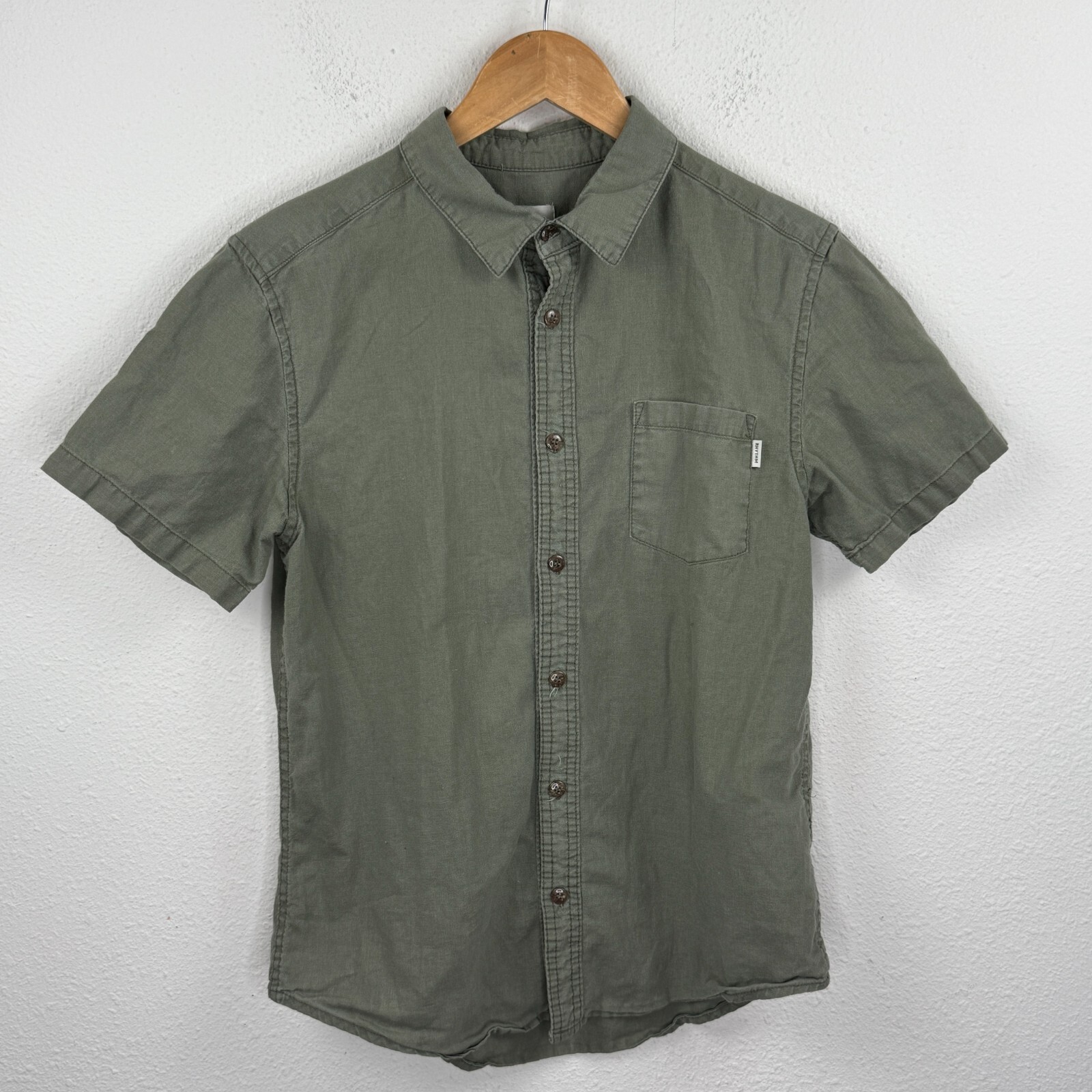 Rhythm Shirt Small Green Solid Button Up Short Sl… - image 1