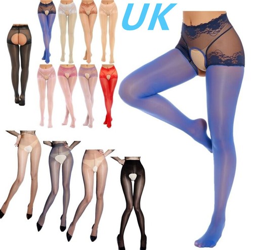 UK Women Sheer Mesh Glossy Crotchless Pantyhose Tights High Waist Stockings Club - Picture 3 of 117