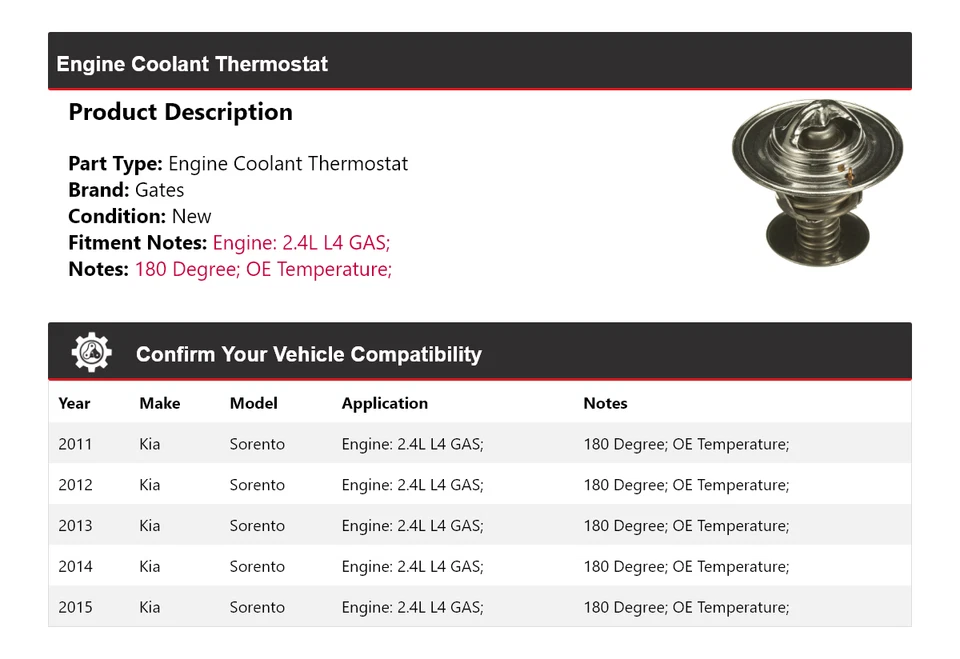 For 2011-2015 Kia Sorento 2.4L L4 GAS Engine Coolant Thermostat Gates 2012 2013 - Image 2 of 4