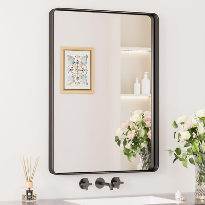 Matte Black Rounded Rectangle Bathroom Mirror 22x30 Inch, HD Glass, Wall Mount