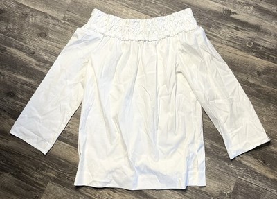 Escada White Cotton Poplin Smocked Off Shoulder Top Size 38 Euro