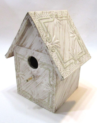 Primitive Handcrafted Stamped Pattern Tin Roof Siding Whitewashed Wood Birdhouse