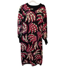 Farm Rio Banana Knit Midi Sweater Dress Black Multi Bishop Sleeve Size L