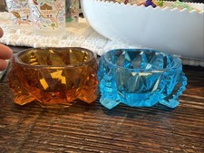 One Blue One Amber Glass Footed Master Salt Cellar Salt Dip Dish  3 x 2 x 1.5