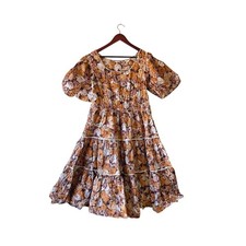 Vintage Handmade Boho Floral Tiered Midi Dress Leaf print Brown Puff Sleeve