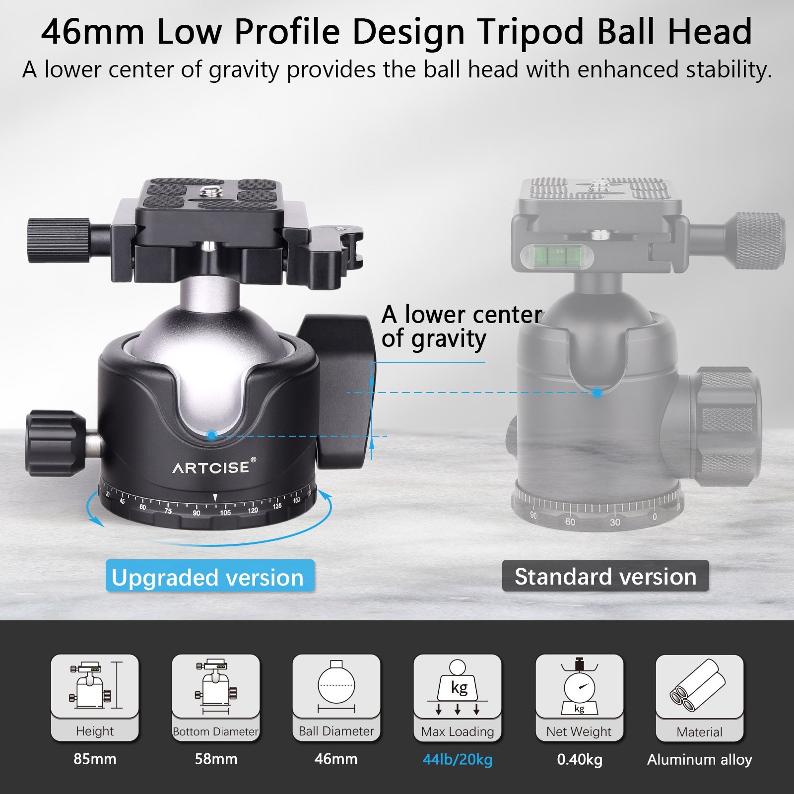 46mm Low Profile Tripod Head Ball Head with Lever Release Clamp 44lbs/20kg
