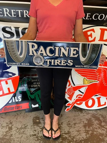 Antique Vintage Old Style Sign Racine Tires Wisconsin 27 x 8 Made in USA