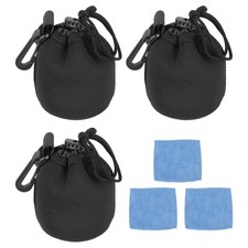 3 Pcs Camera Lens Pouch, 3" ID x 4" H Drawstring Lens Pouch, Black