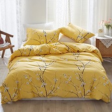 Floral Duvet Cover Set 3 Pieces Flower Plum Blossom Printed Queen Yellow