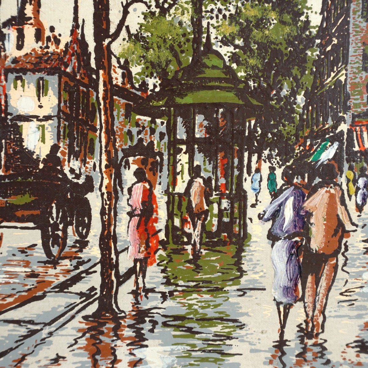 【French Vintage Oil Painting】　油絵　フランス Vintage French Paris Street Scene Oil Painting on Canvas Mid
