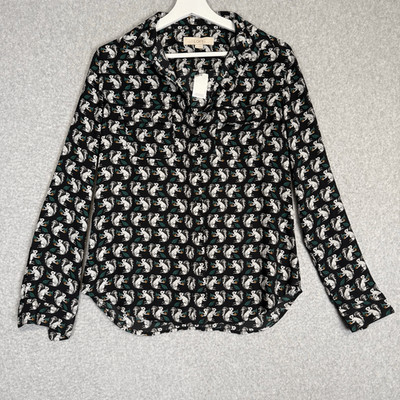 New Ann Taylor LOFT Womens XS Black Squirrel Print Long Sleeve Button Down Shirt