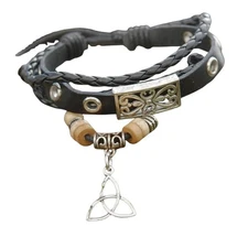 Black Leather Bracelet with Celtic Trinity Knot