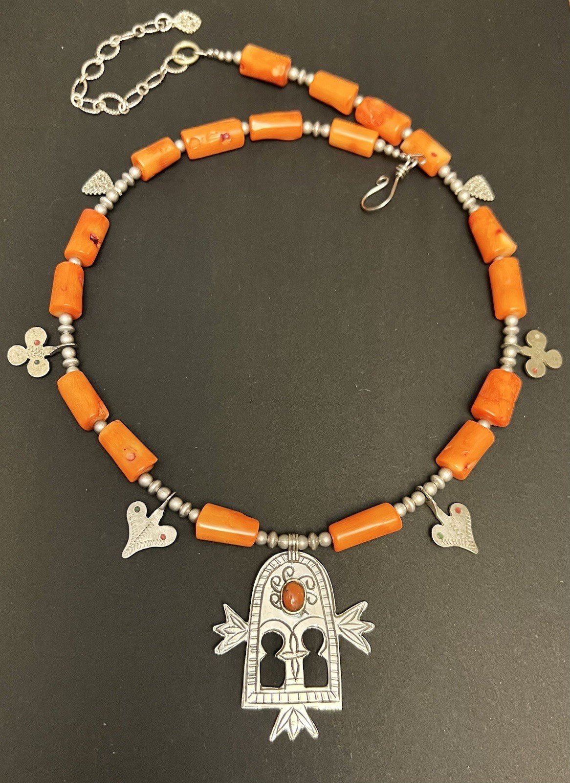 Gates of paradise berber Tuareg pendant & vintage Charms Orange Coral Necklace.