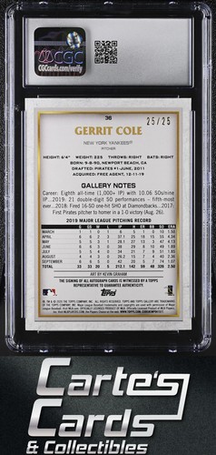 Gerrit Cole 2020 Topps Gallery #36 Autographs Orange Yankees 25/25 CGC 9 - Picture 2 of 2