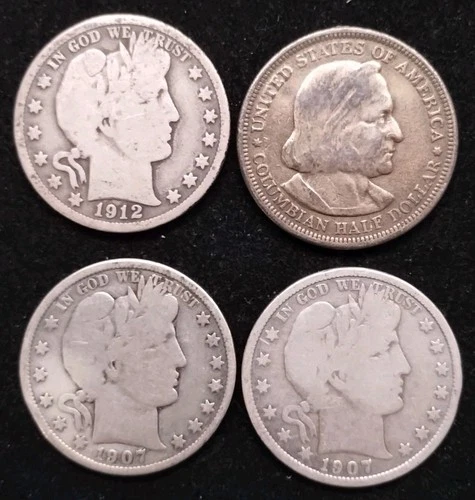 4 90% Silver Half Dollars 1892 Columbian 1907 1907 D 1912 Barber