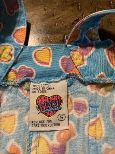 Vintage 90s/Y2K O-Girl Little Girls All Over Heart Print Ruffled Overalls Size 5 - Picture 3 of 9