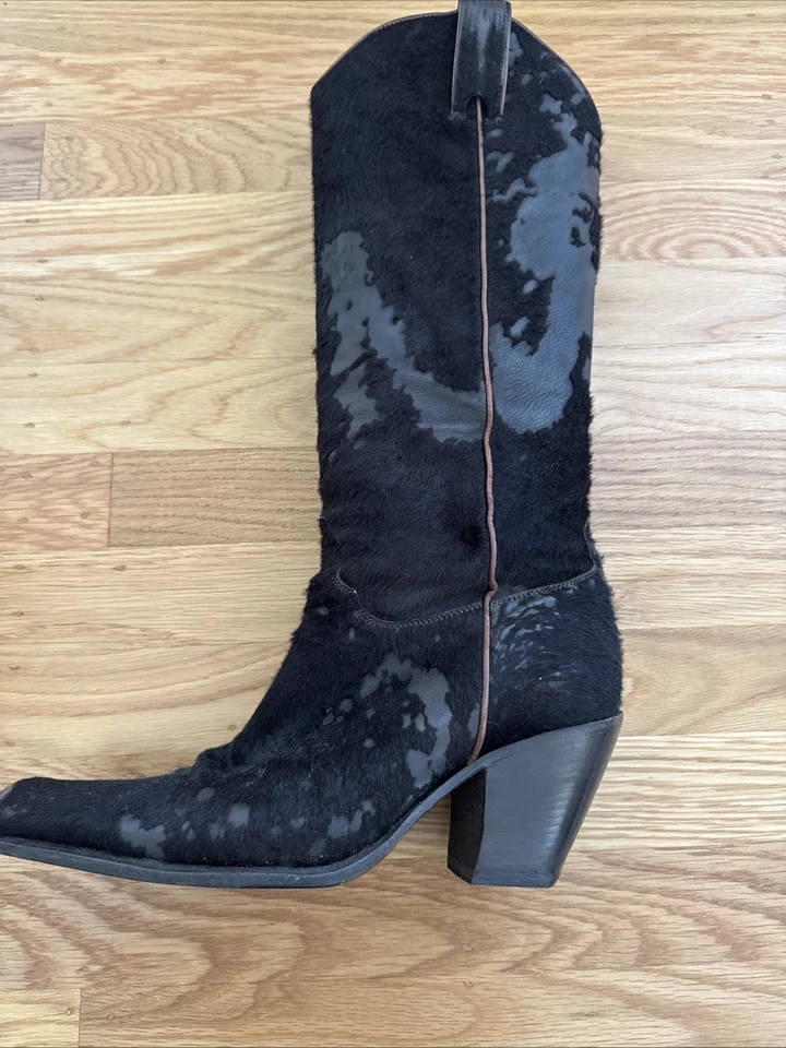 Authentic Sartore Paris Black Cow Fur Cowboy Boots EUR 37.5 Block Heel Western - Image 2 of 4