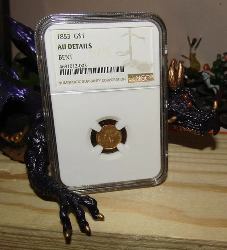 1853 Liberty Head GOLD $1 Dollar Coin Details Bent