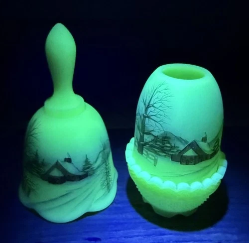 1981 Fenton Glass Uranium Christmas Classics Fairy Lamp & Bell All Is Calm 2 Pc.