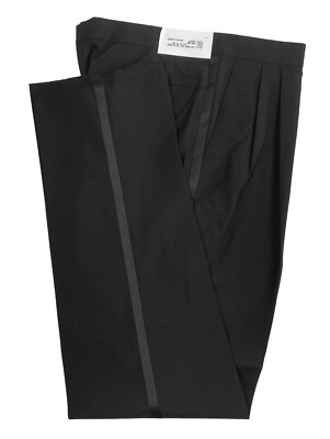 New Men's Black Tuxedo Pants 100% Wool with Satin Stripe 36'' Waist Long Rise