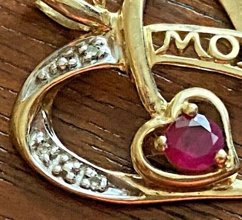 10k Yellow Gold MOM Heart Necklace Pendant w Diamond Accents Ruby Solitaire - Picture 3 of 6