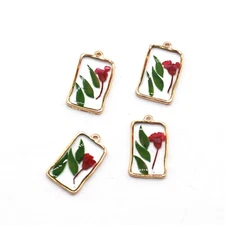 4PCS Gold Tone Real Dry Flower Resin Rectangle Charm Pendant Supply GBY213