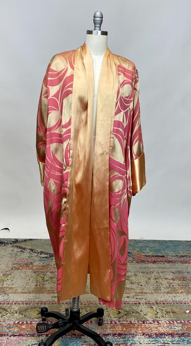Antique 1920s Jacquard Silk Jacket or Robe Pink and Gold Abstract 