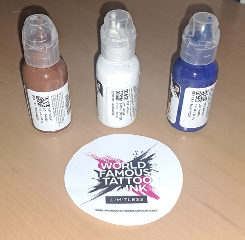 World Famous Tattoo Ink 3 Bottle Set 1oz NAVY SEALS BLUE; PORTRAIT WHITE, SAHARA - Picture 3 of 3