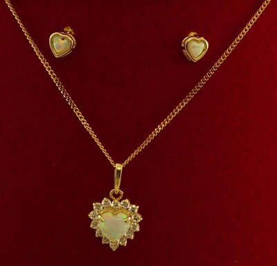 585 Gold SET 14 Karat Gelbgold Kette Anhaenger Herz Ohrstecker Opal
