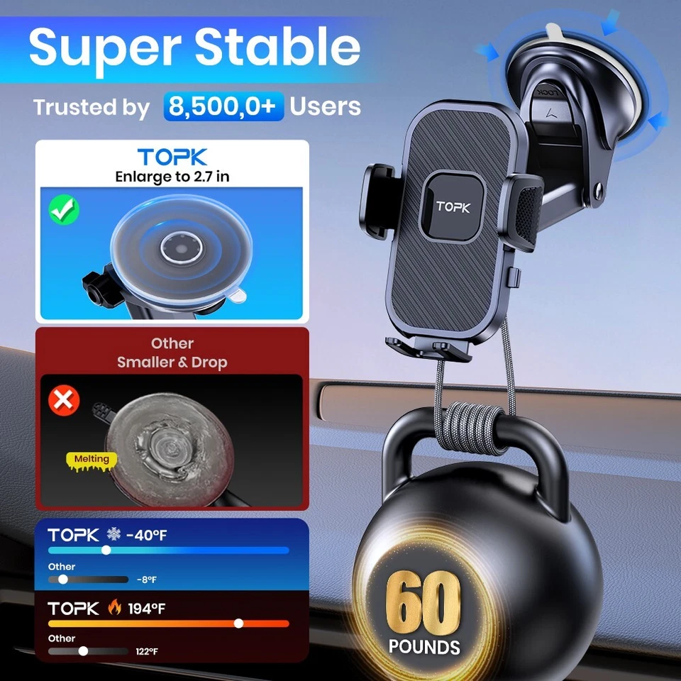 TOPK Car Phone Mount 3 in 1 Phone Holder for Car Dashboard/Windscreen/Air Vent - Image 4 of 4